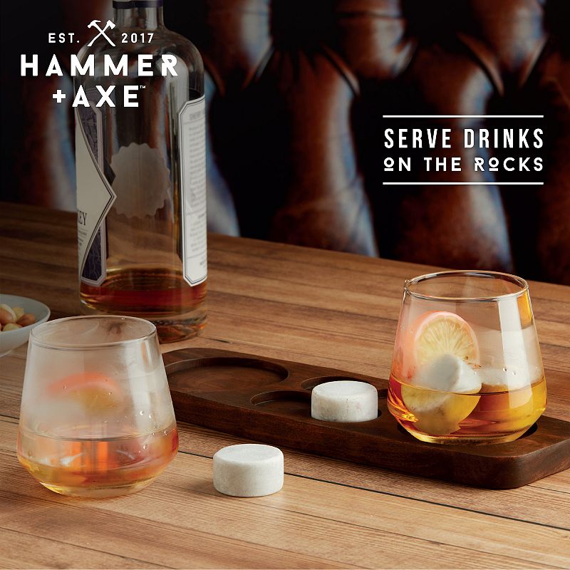 Hammer and Axe Whiskey Stones and Tray Glass Set