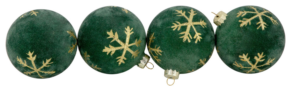 4ct Green Flocked Glass Ball Christmas Ornaments with Gold Snowflakes 3 quot  Modern   Christmas Ornaments   by Northlight Seasonal  Houzz