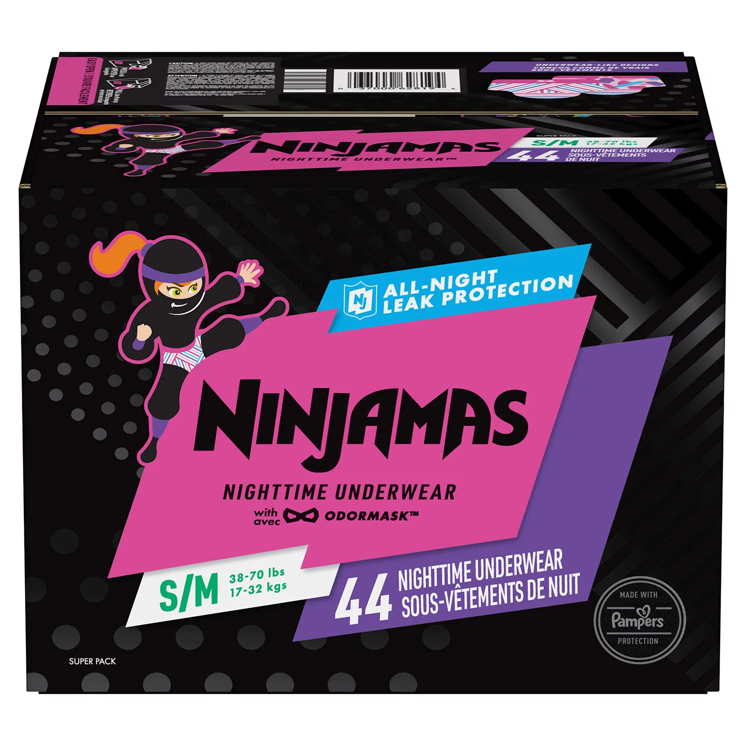 Ninjamas Nighttime Bedwetting Underwear for Girls， Size S/M (38 - 65 lbs.) - 44 ct.