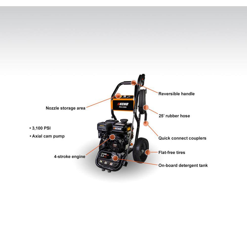 ECHO 3100 PSI 2.5 GPM Gas Cold Water Pressure Washer with 212 cc 4-Stroke Engine and 25 Foot Hose with 4 Included Nozzle Tips PW-3100