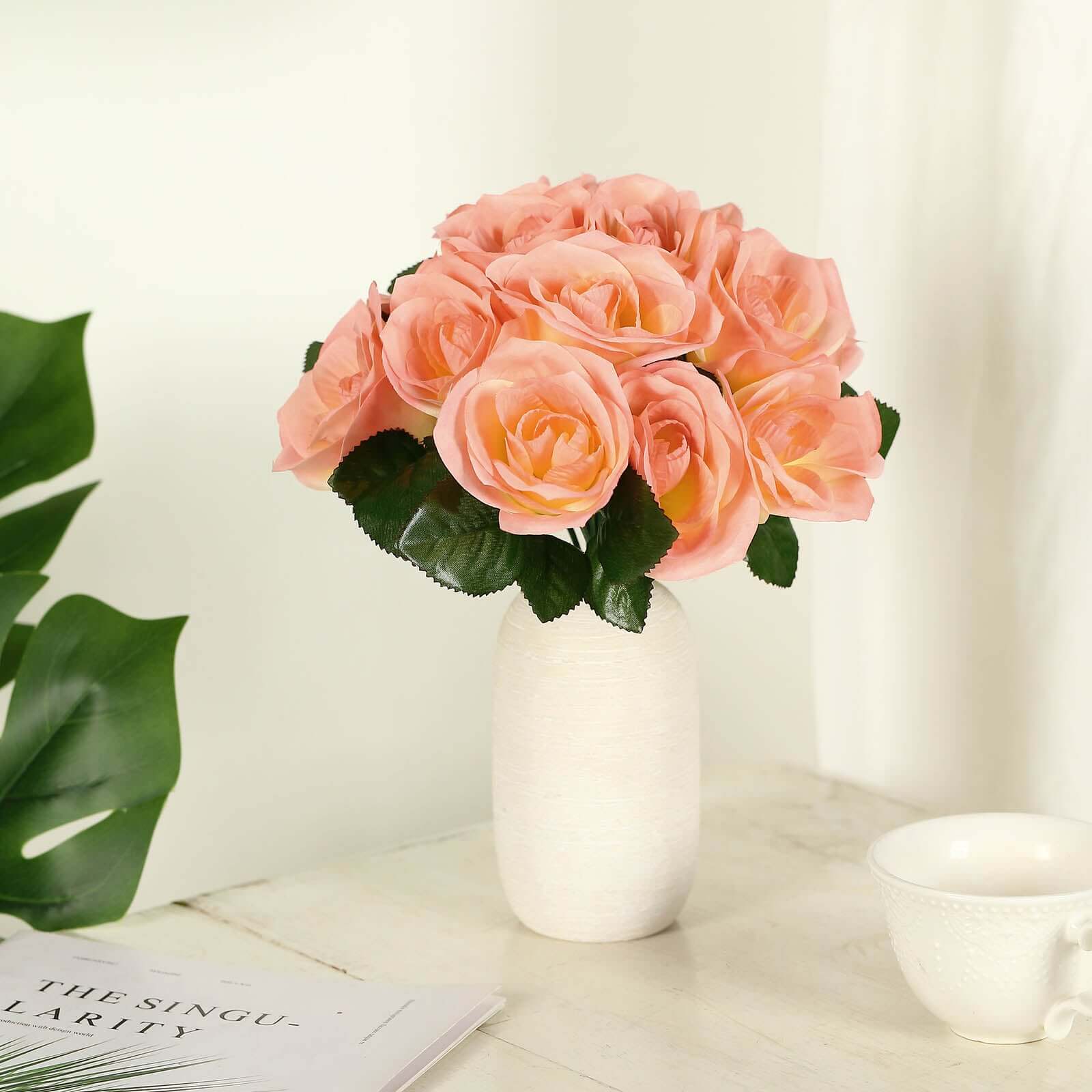 Peach Artificial Velvet-Like Fabric Rose Flower Bouquet Bush 12