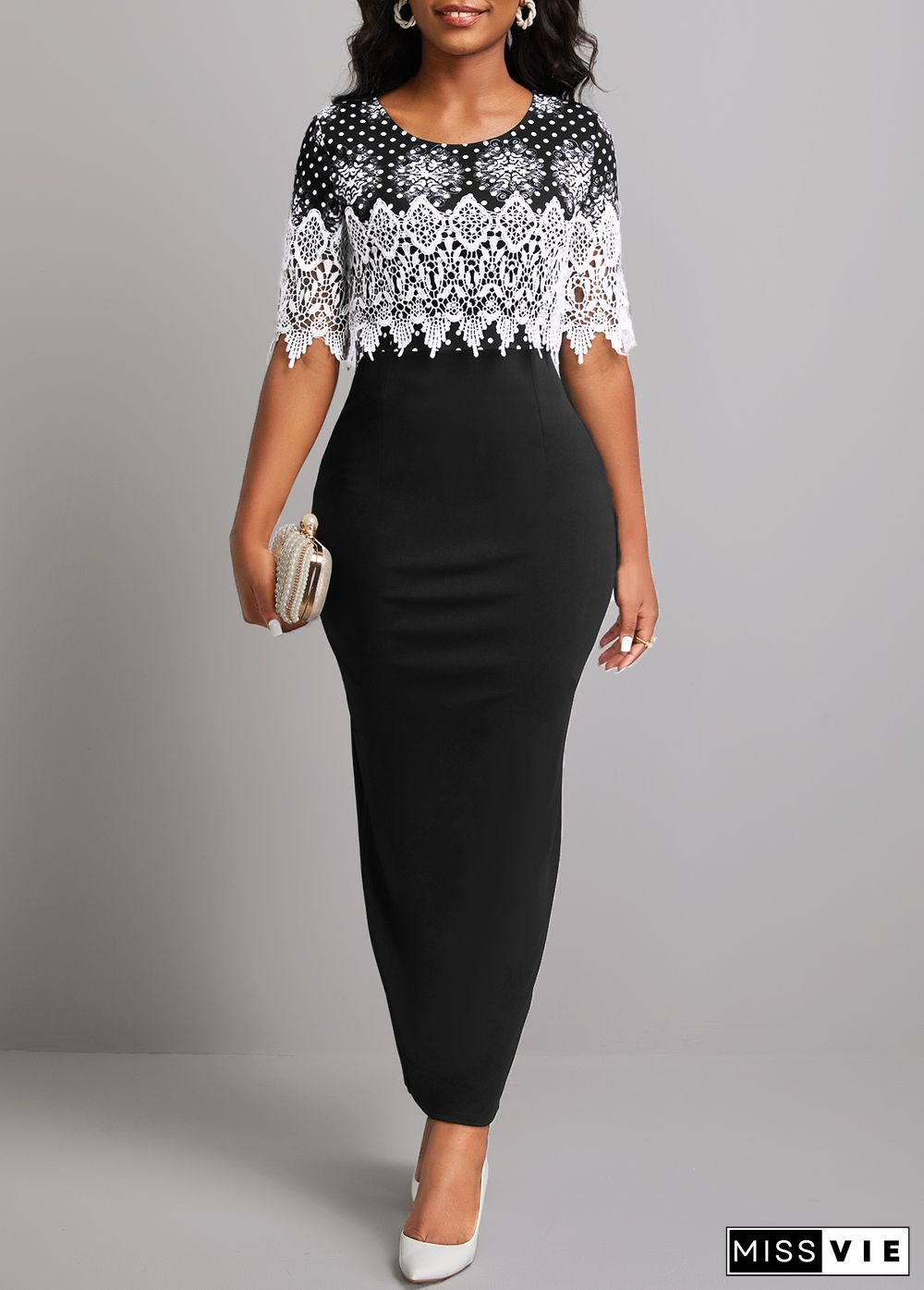 Polka Dot Lace Patchwork Black Bodycon Dress