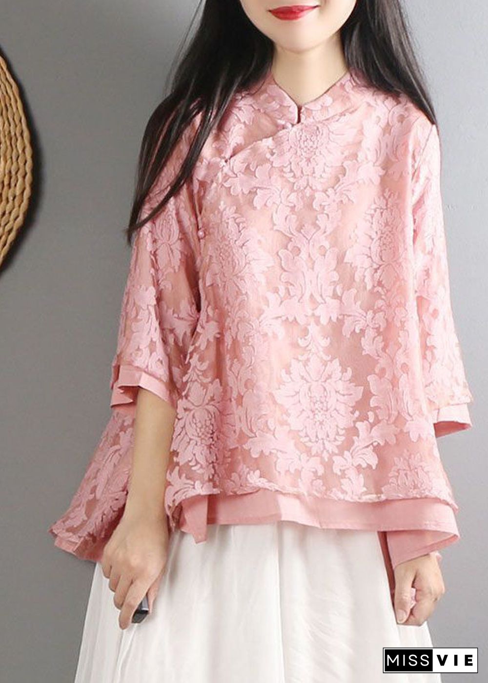 Women Pink Mandarin Collar Cotton Shirt Top Bracelet Sleeve