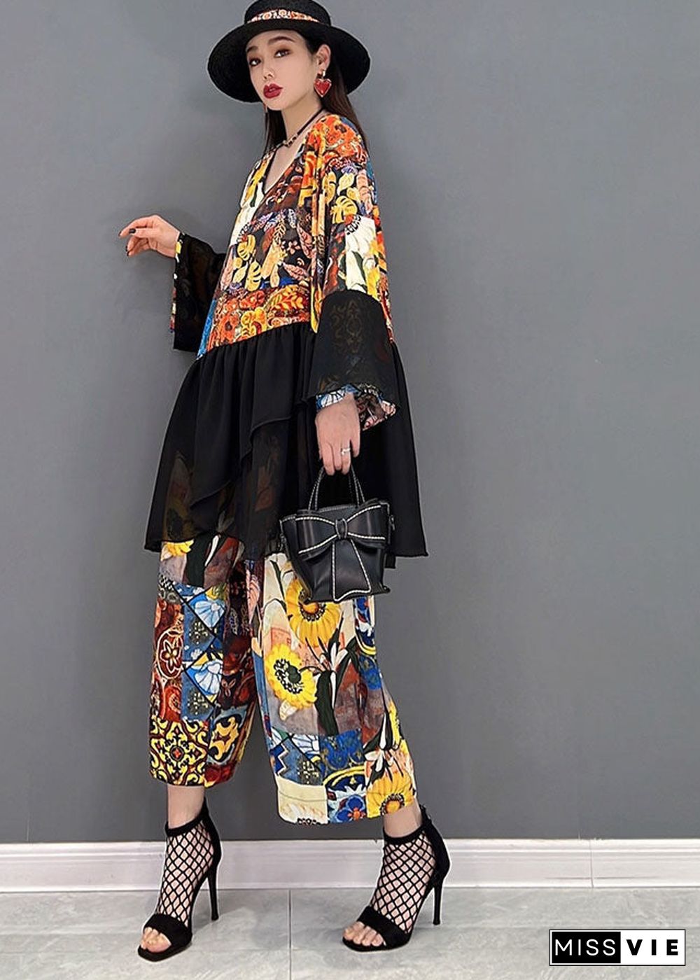 Women Colorblock Asymmetrical Print Tulle Patchwork Tops And Pants Two Piece Set Women Clothing Long Sleeve