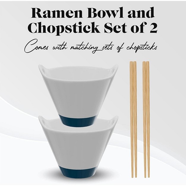 American Atelier Stoneware Ramen Bowl W Chopsticks Set Of 2 Udon Noodle Handled Bowls 25 Oz Miso Soup Bowl Handles chopstick Rest White amp Blue