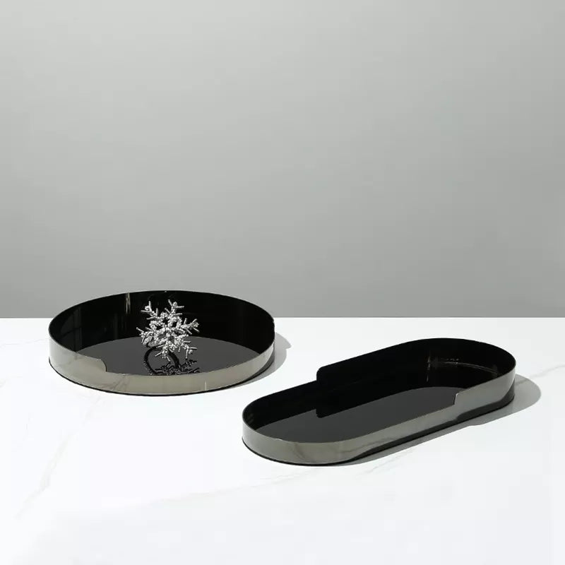 Black Glass Tray With Silver Metal Detail - Oval Fc-W22007