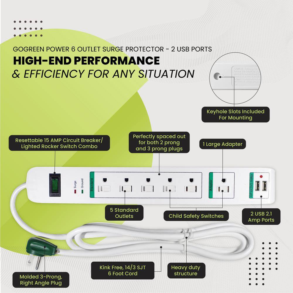 GoGreen Power 6 Outlet Surge Protector w 6 ft. Heavy Duty Cord GG-16326USB