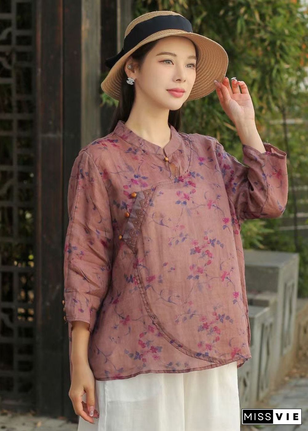 Beautiful Yellow Stand Collar Print Patchwork Linen Blouse Top Spring