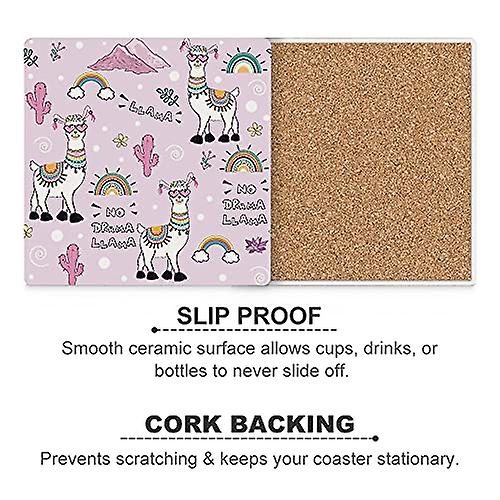 Colourlife No Drama Llamas Cacti On Pink Printed Square Ceramic Coaster For Drinks With Cork Base For Coffee Cups Place Mats For Home Decor Set Of 6 P