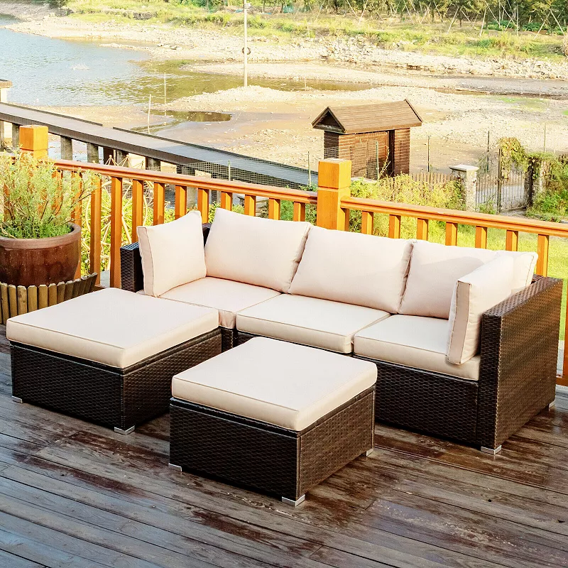 5 Pieces Patio Rattan Sectional Conversation Ottoman Furniture Set