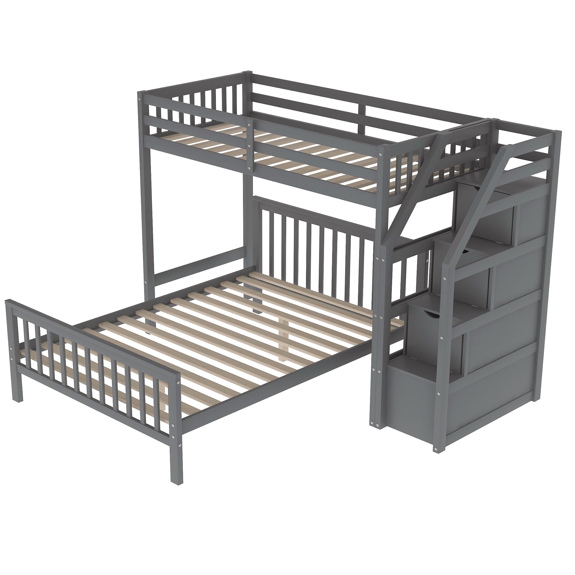 Euroco Wood Stairway Twin Loft Bed with Full Platform and Drawer for Kids