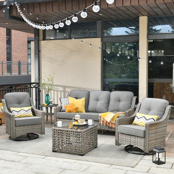 HOOOWOOO 5piece Patio Wicker Furniture Conversation Set with Swivel Chair and Coffee Table