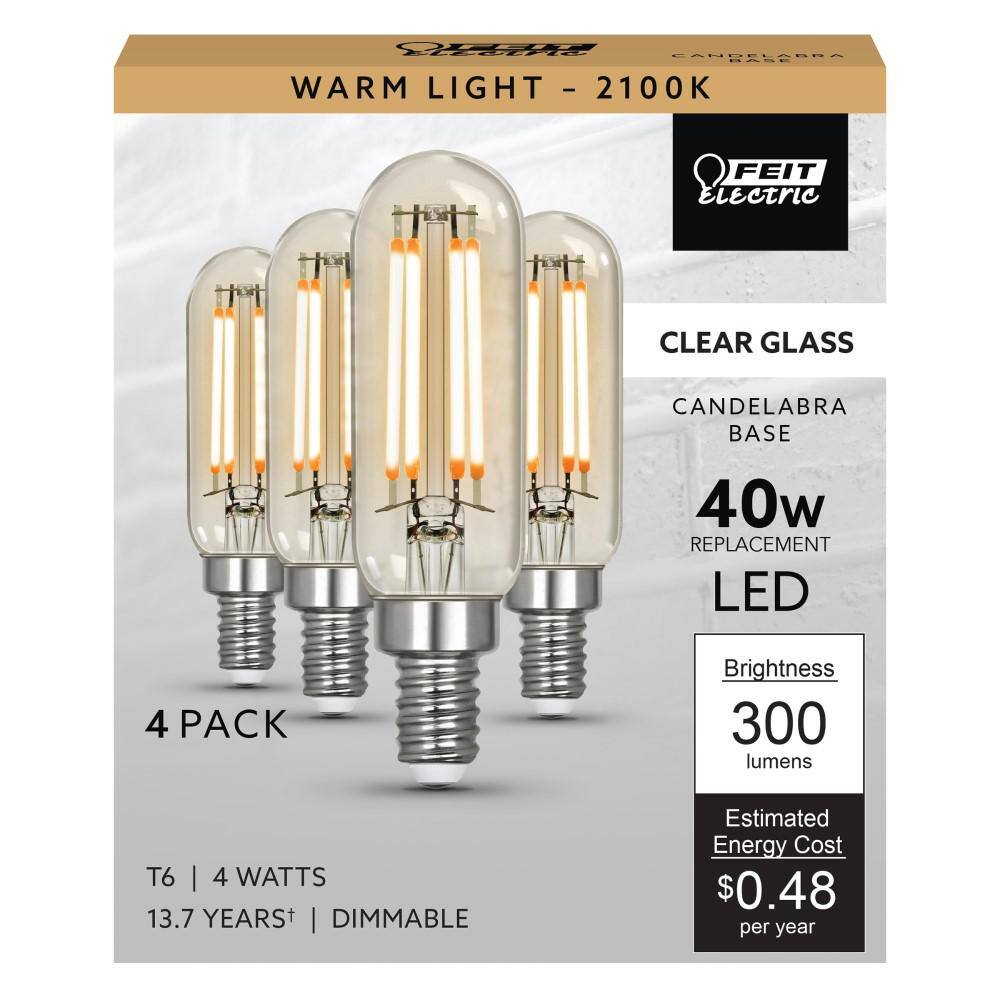 Feit Electric 40-Watt Equivalent T6 Dimmable Straight Filament Clear Glass E12 Candelabra Vintage LED Light Bulb Warm White (4-Pack) T640CLVGLEDHDRP4