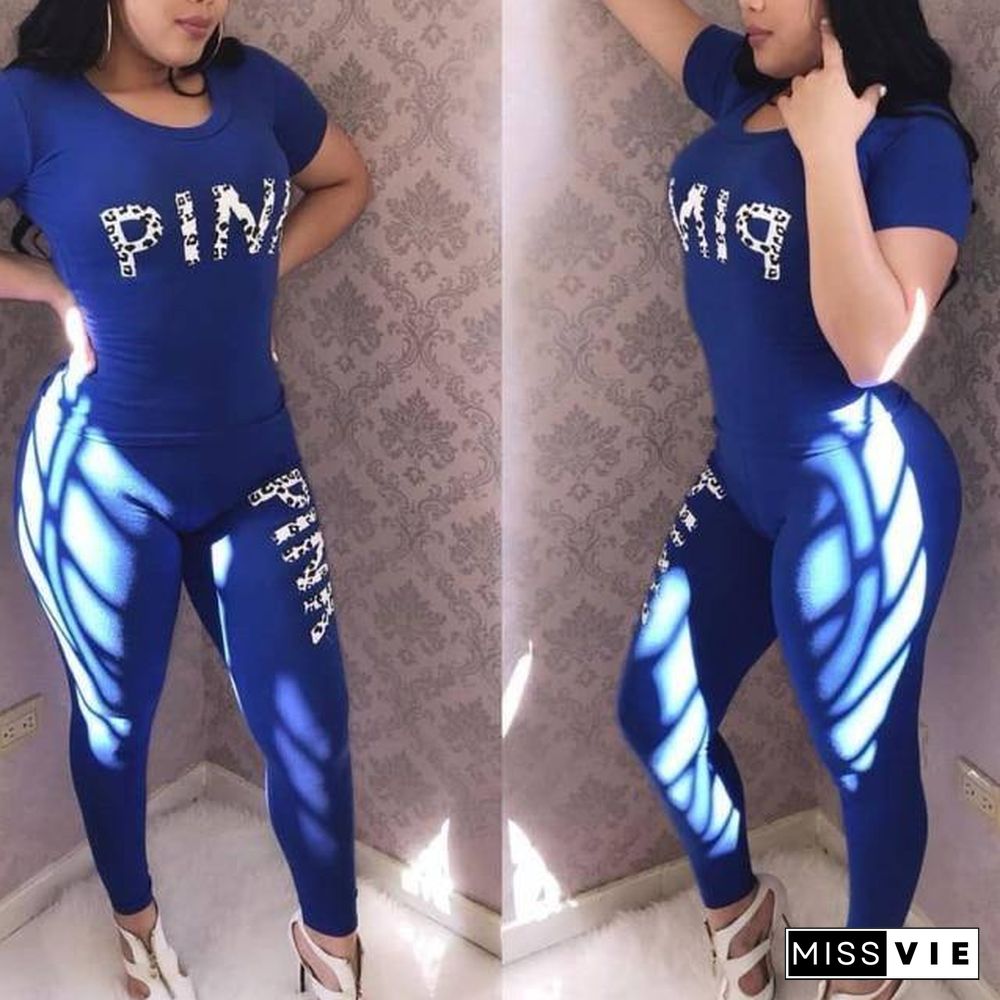 Casual 2 Piece Sets Women's Suit Tracksuits Set Pink Letter Print Plus Size Sweatsuit 3XL Top And Skinny Pants 2pcs Outfits