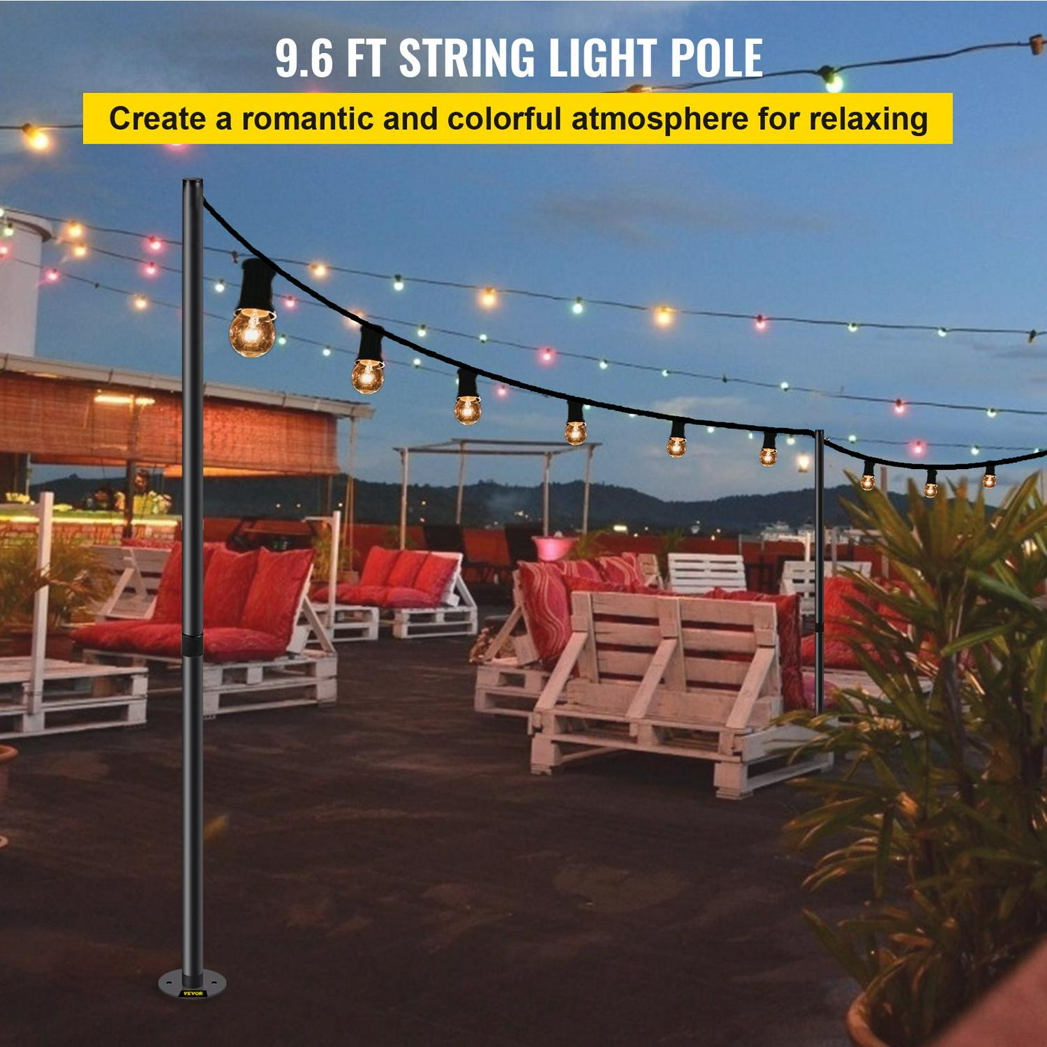 VEVOR String Light Pole， 9.6ft Light String Pole， 1.75in Patio Light Pole， Powder Coated Steel String Light Pole Stand for Outdoor， Metal String Poles with A Clamp Used for Yard， Patio， Wedding， Party