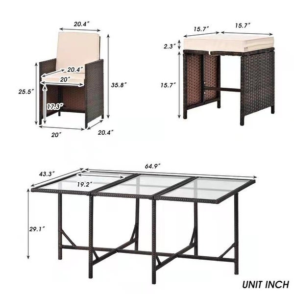 11 Pieces Patio Furniture Dining Set Patio Wicker Rattan Chair Sets Outdoor Furniture Cushioned Tempered Glass with Ottoman -  - 37249482