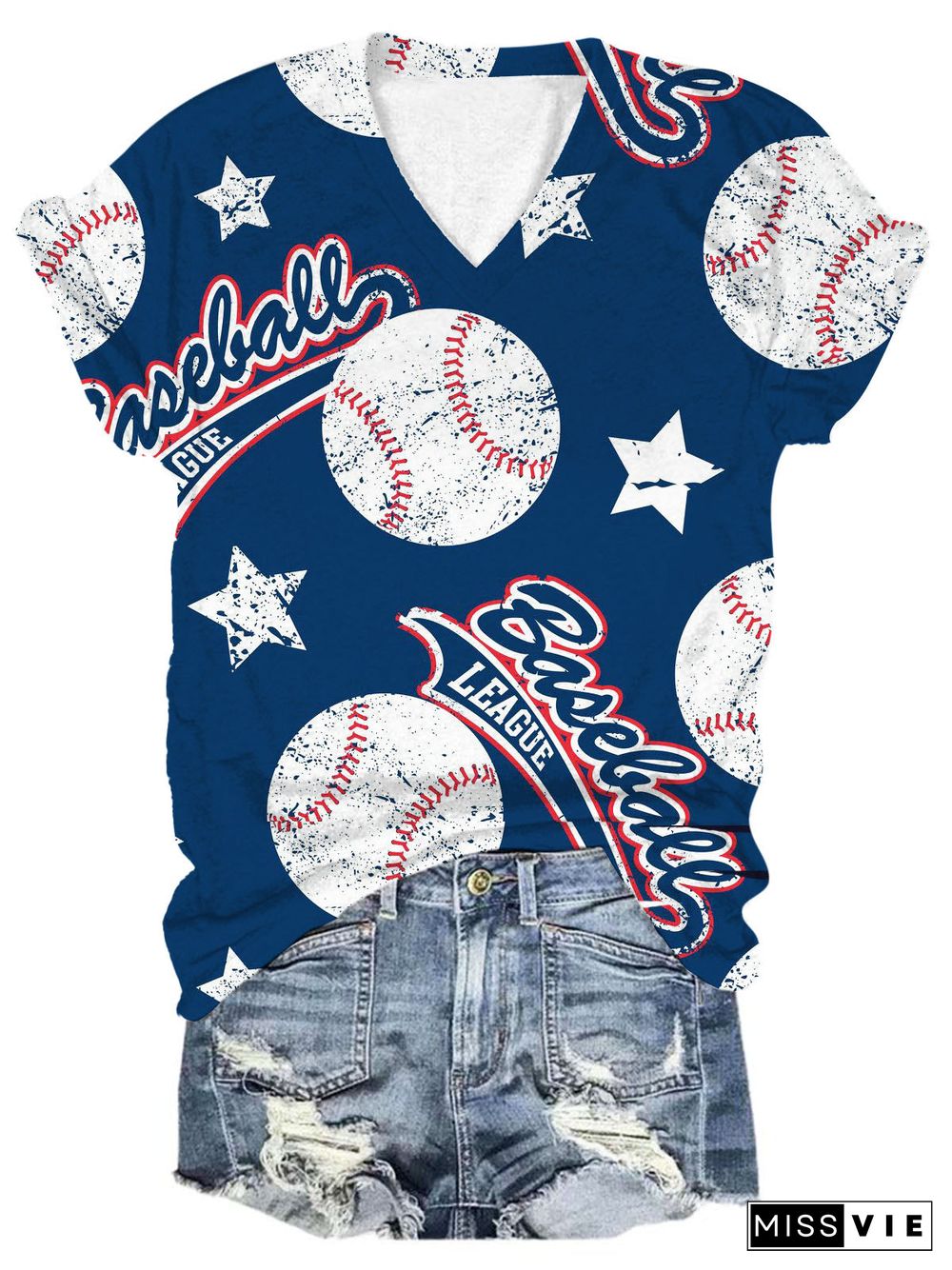 Baseball League Print V Neck T-Shirt