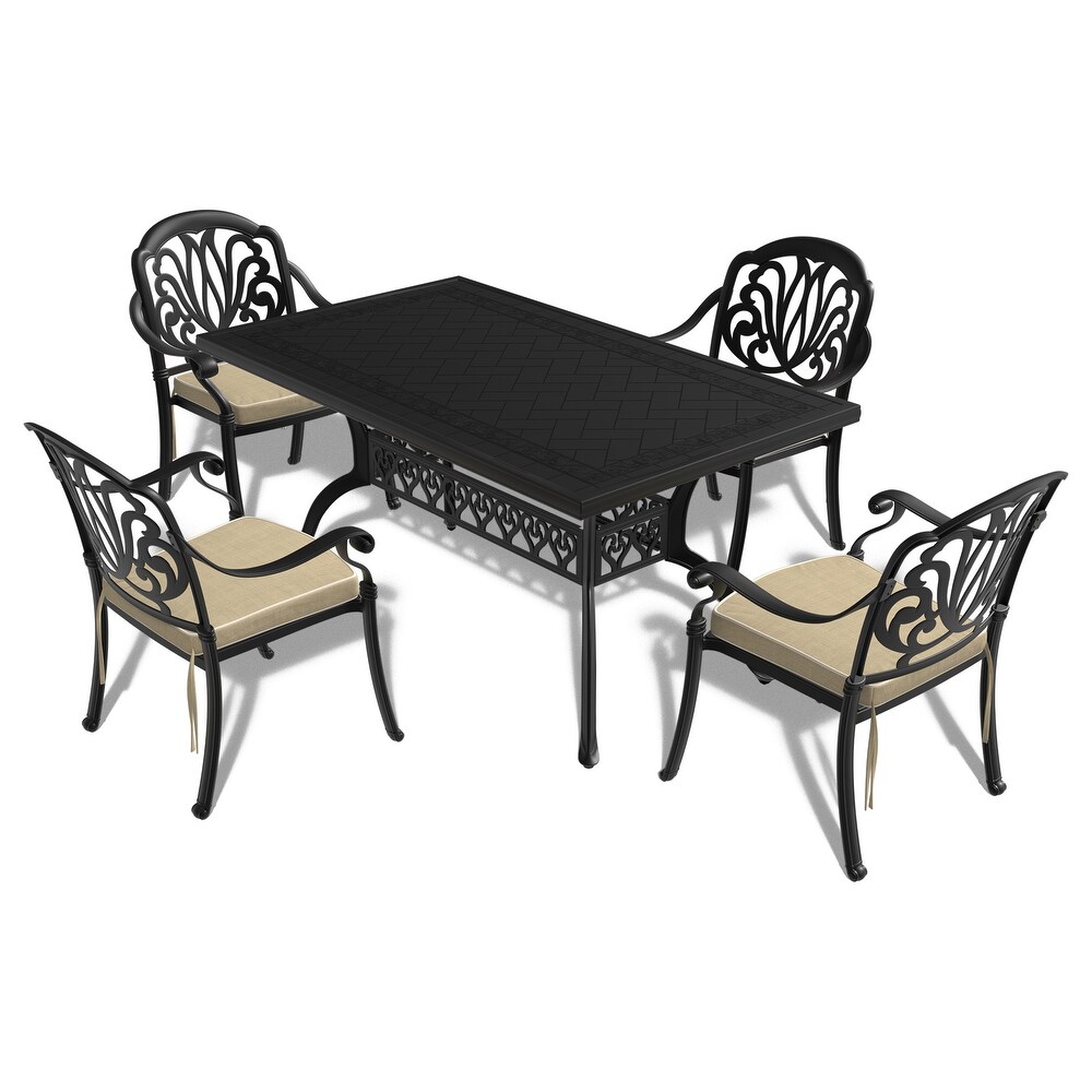 5/7 Piece Cast Aluminum Outdoor Dining Set with 59.06'' L X 35.43'' W Rectangular Table and Random Color Seat Cushions