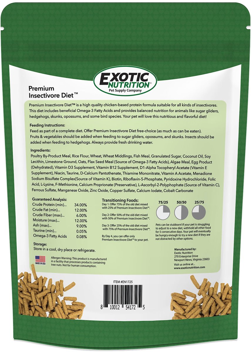 Exotic Nutrition Premium Insectivore Diet Sugar Glider and Hedgehog Food， 1.25-lb bag