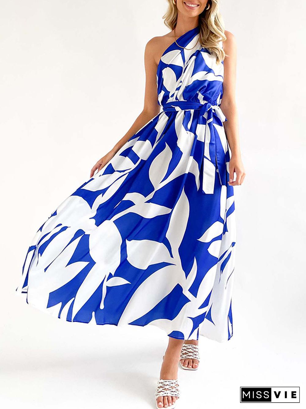 Loose Sleeveless Bandage Contrast Color Hollow Printed One-Shoulder Midi Dresses