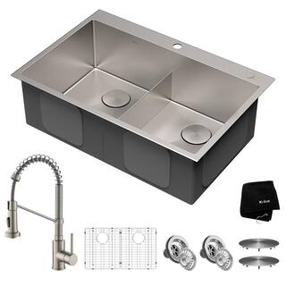 KRAUS 16- Gauge Stainless Steel 33 in. Standart Pro Double Bowl UndermountDrop-In 2-Hole Kitchen Sink with Pull Down Faucet KHT302-33-1610SFS