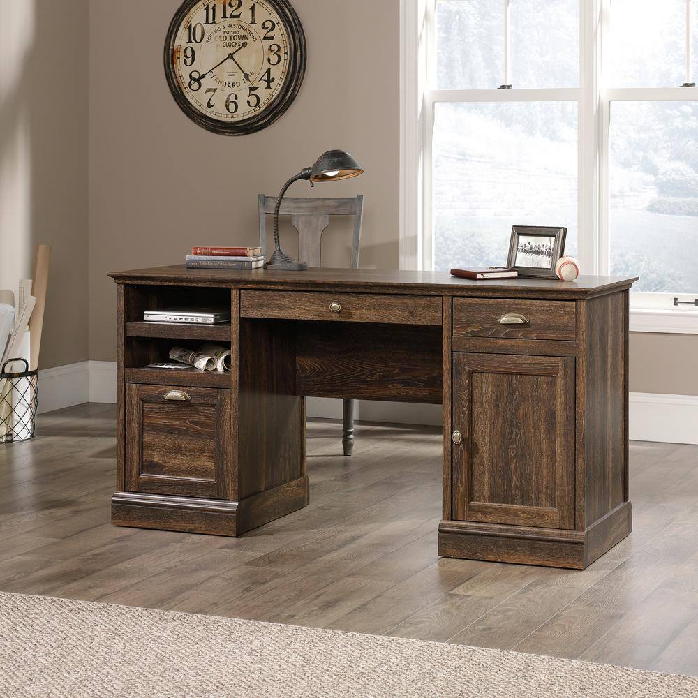 SAUDER 59 in. Rectangular Iron Oak 3 Drawer Executive Desk with File Storage 422706