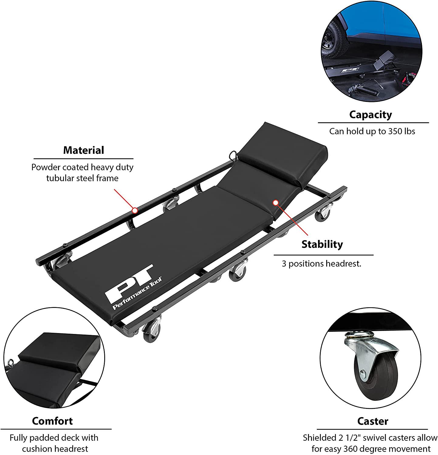 Performance Tool W85005 40 Low Profile U-Shape Creeper with Heavy Duty Tubular Steel Frame， 6 Shielded Swivel Casters， Fully Padded Deck and Adjustable Cushion Headrest， Holds 350 Lbs