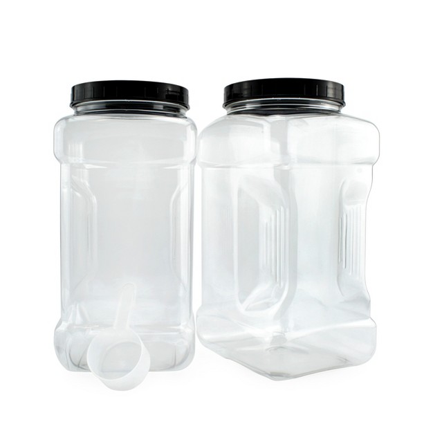 Cornucopia Brands Square Gallon Size Clear Plastic Canisters 2pk 4qt Jar Grip Containers W Plastic Scoops Bpa free