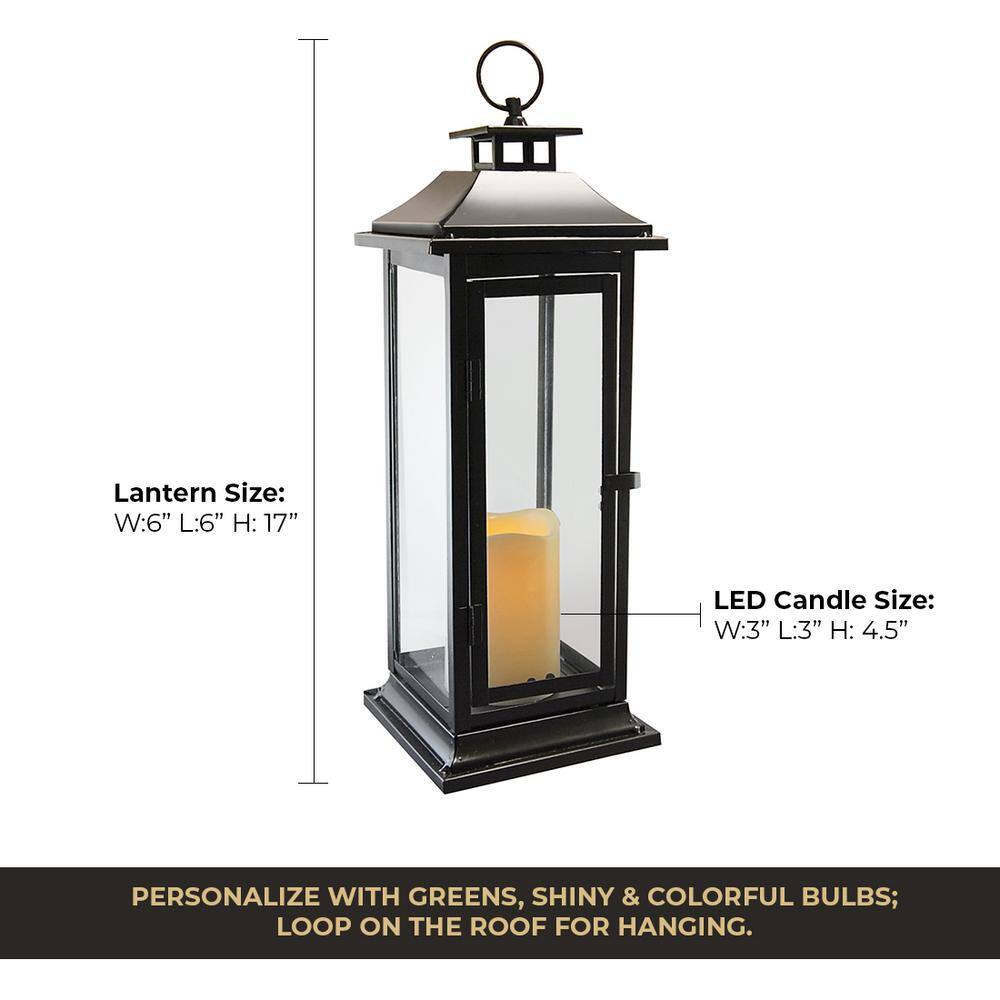 LUMABASE 6 in. x 17 in. Black Traditional Metal Lantern with LED Candle 90401