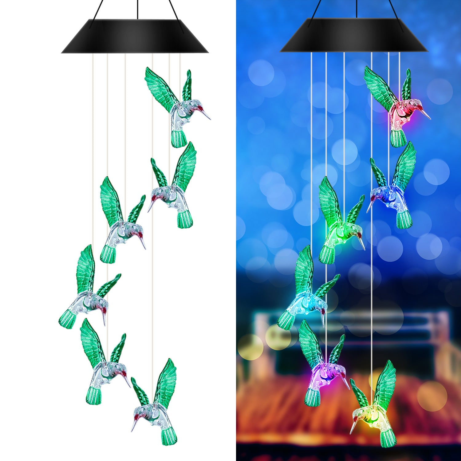 Chrlaon Solar Changing Wind Chime Light， Hanging Hummingbird Wind Chime for Outdoor Multicolor