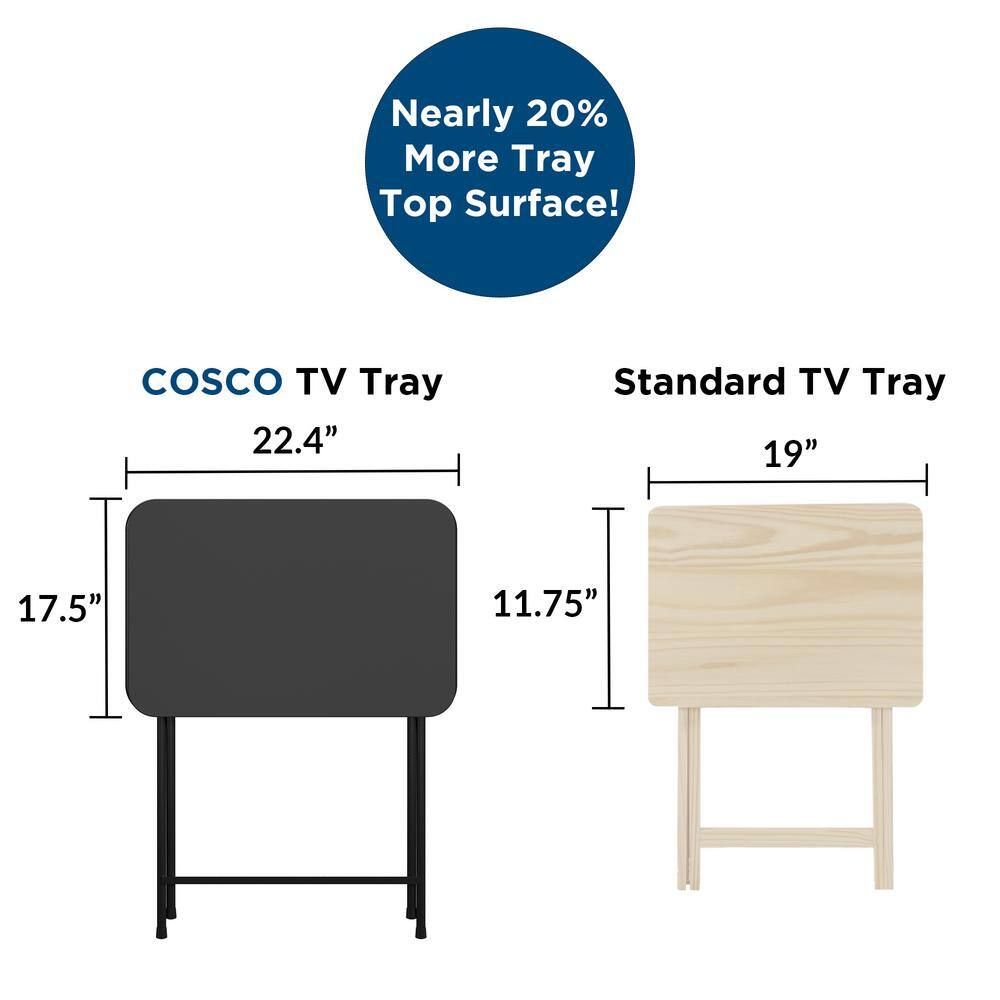 Cosco Folding Plastic Rectangular TV Tray Set in Black with Storage Rack