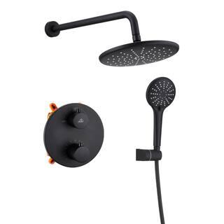 CASAINC 3-Spray Patterns 9 in. Wall Mount Dual Shower Heads Matte Black (Thermostatic Valve Included) HM-T206-RO-MB