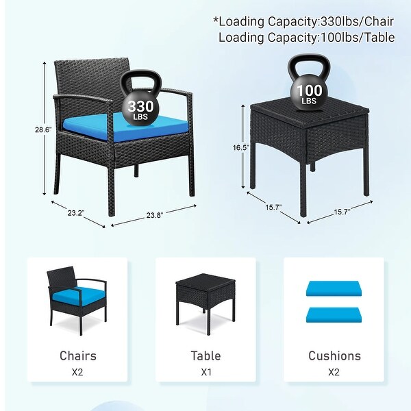 Outdoor Furniture 3 Piece Patio Bistro Furniture Set，Rattan Conversation Chairs Set with Side Table and Cushions