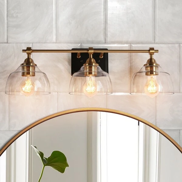 Modern 3-Light Gold Bathroom Vanity Light Dome Clear Glass Wall Sconces - GoldandBlack - L24.4