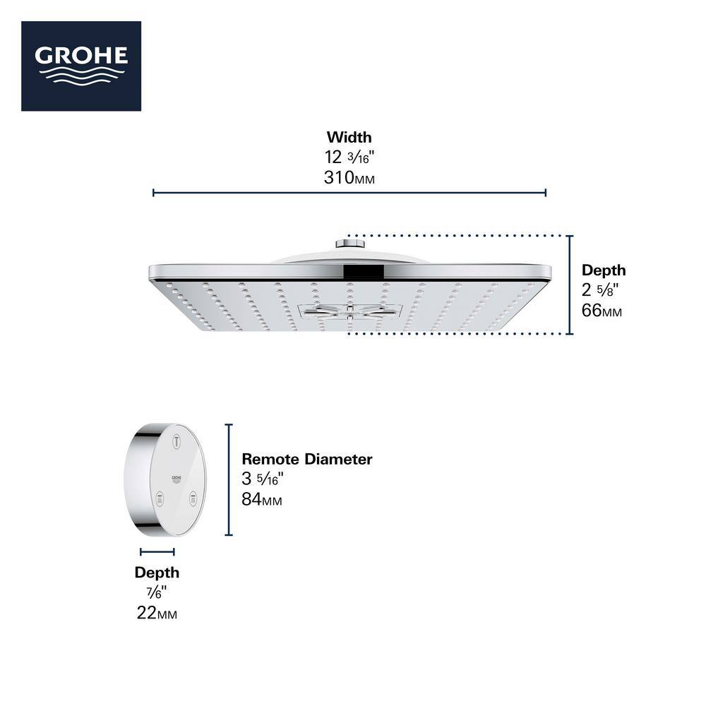 GROHE Rain shower Smartconnect 310 2-Spray with 1.75 GPM 12 in. Wall Mount Fixed Shower Head with Remote in StarLight Chrome 26645000