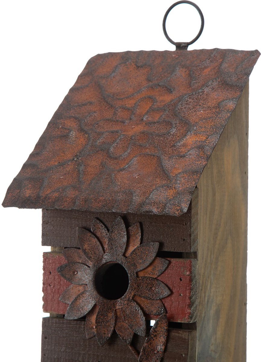 Glitzhome Two-Tiered Distressed Solid Wood Birdhouse with 3D Rustic Flowers