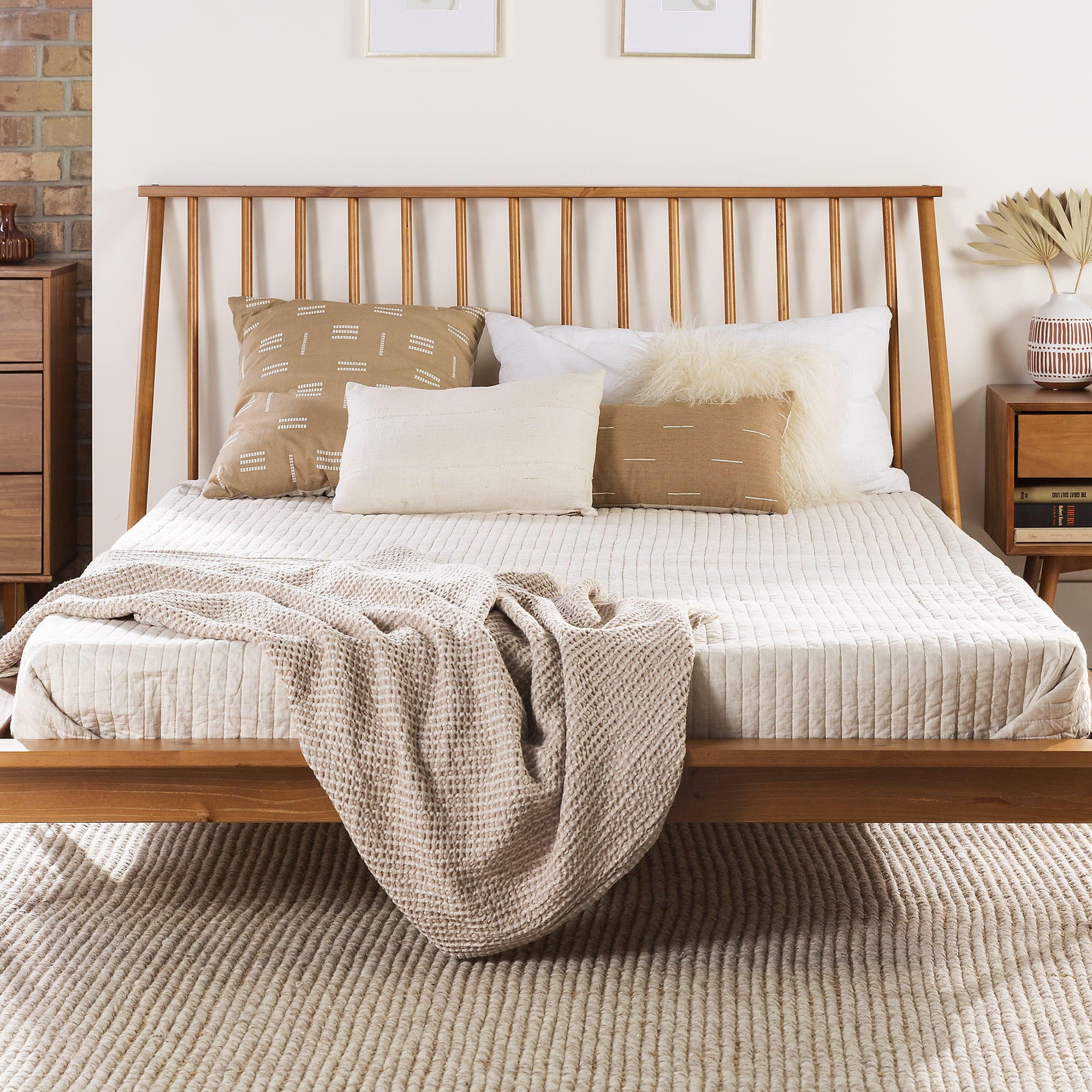 Desert Fields Modern Boho Queen Size Solid Wood Platform Bed, Caramel