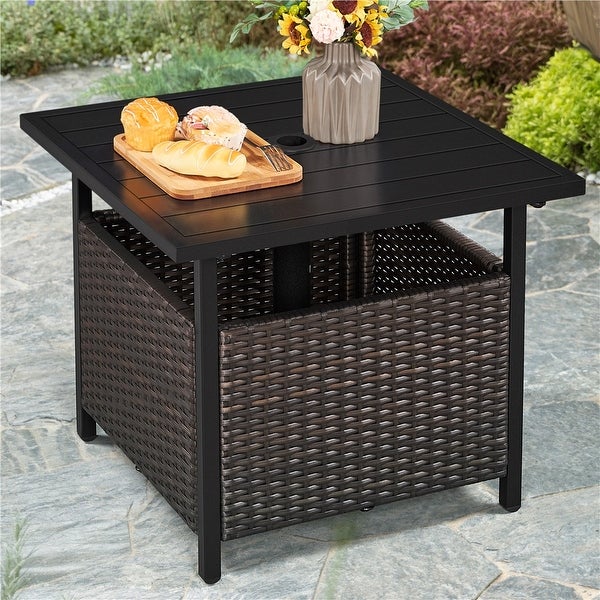 Yaheetech Outdoor Garden Patio Rattan Side Table With Umbrella Tube - Overstock - 36138639