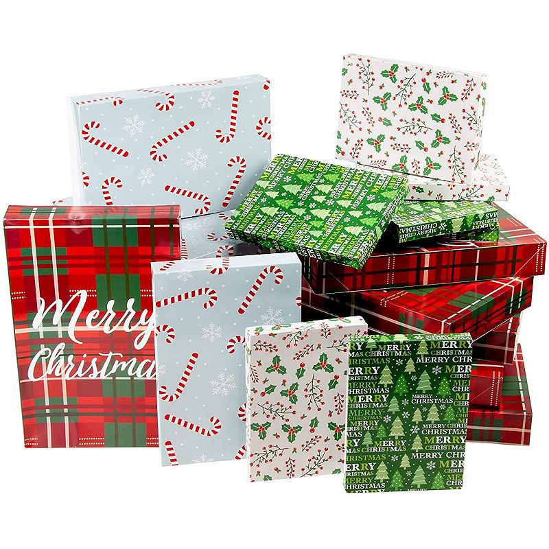 24 Pack Christmas Boxes For Gifts With Lids For Presents In 4 Designs， 3 Sizes