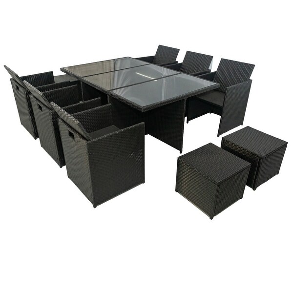 11 Pieces Patio Rattan Dining Sets with Glass Table -  - 37385316