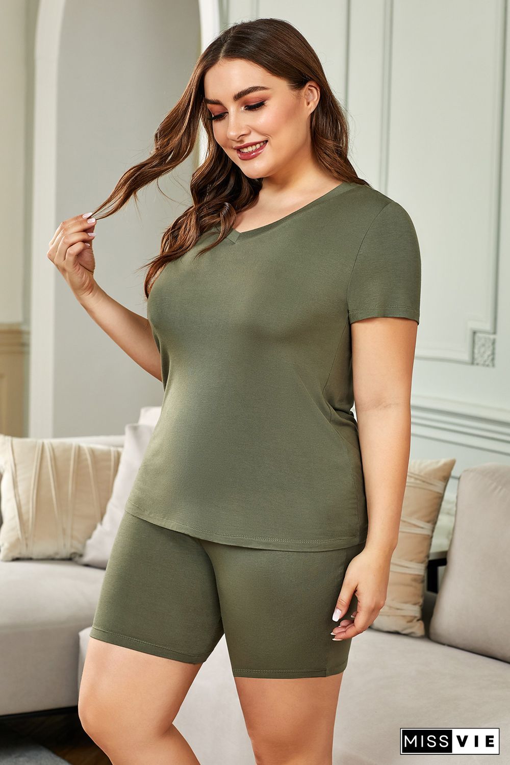 Green Plus Size V Neck T-shirt and Shorts Loungewear