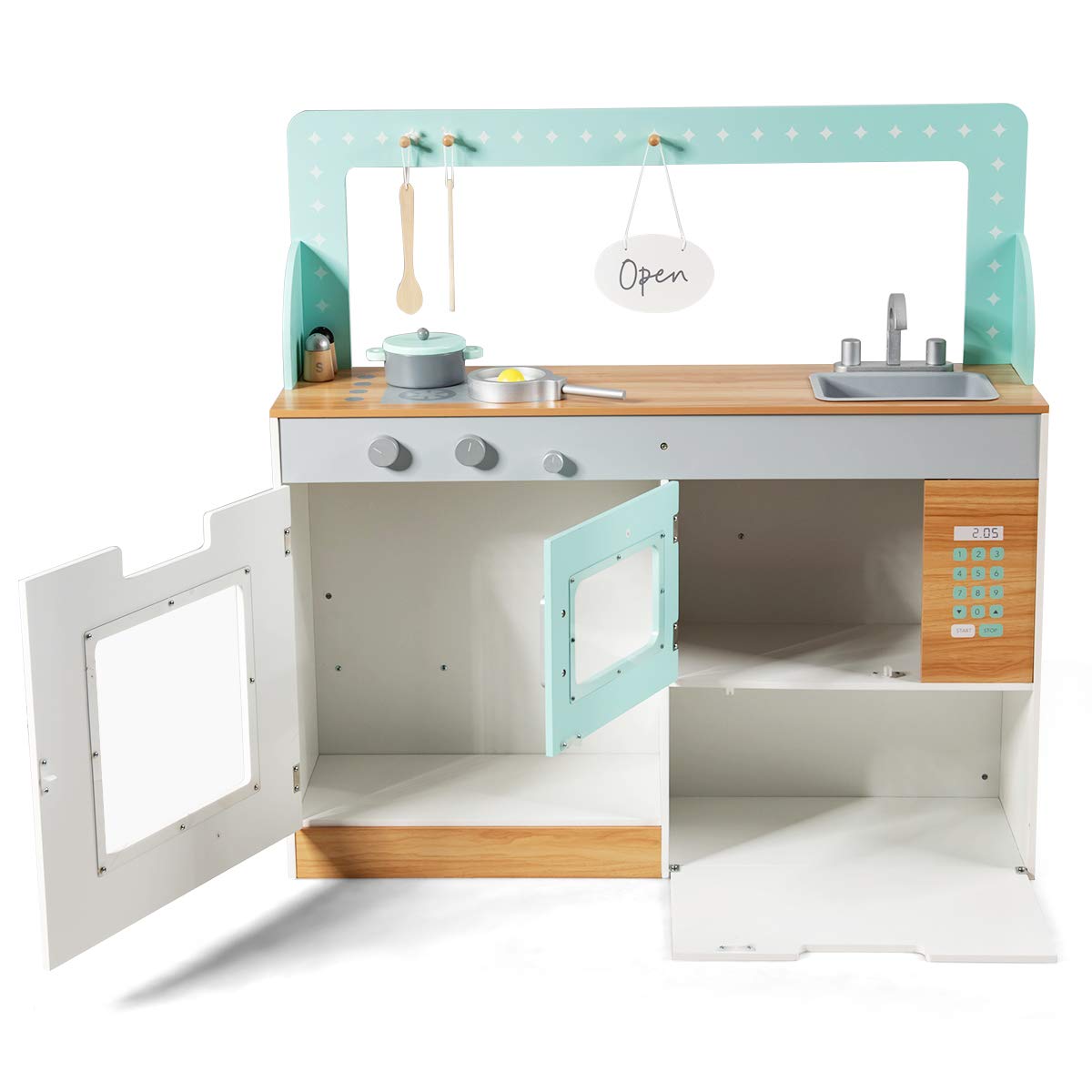 Costzon 2 in 1 Kids Play Kitchen and Restaurant, Double Sided Wooden Pretend Cooking Playset with Sink