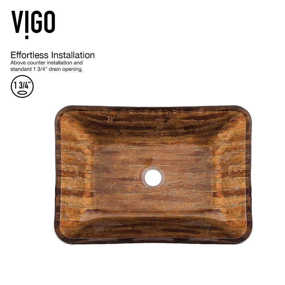 VIGO Glass Rectangular Vessel Bathroom Sink in Wooden Brown with Linus Faucet and Pop-Up Drain in Antique Rubbed Bronze VGT486