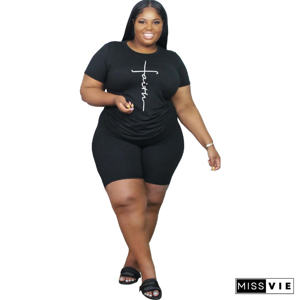 Plus Size Letter Short Sleeve T Shirts Shorts Sets