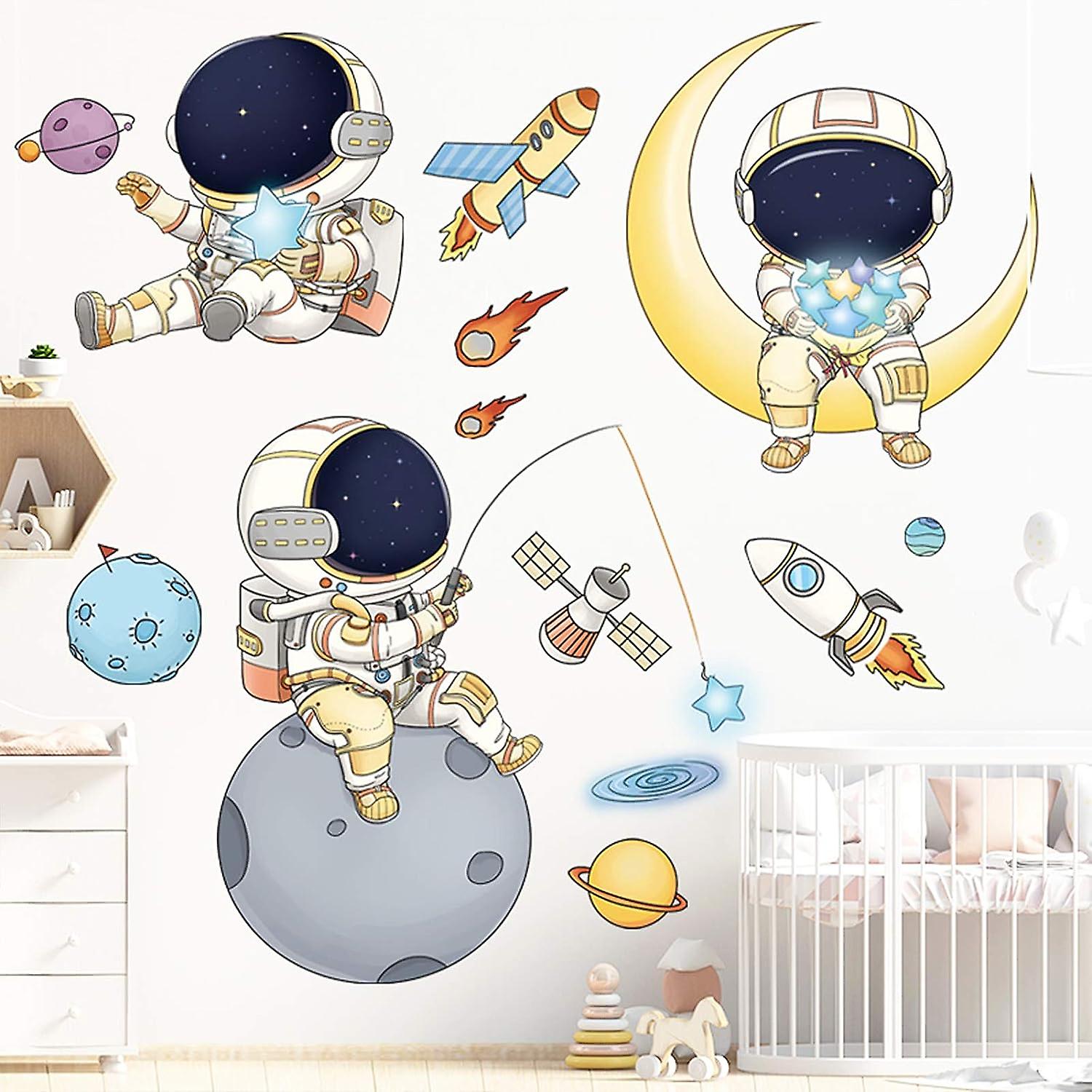 Astronaut Wall Stickers For Boys Bedroom， Cartoon Spaceman Outer Planet Creative Diy Art Vinyl Removable Wall Decal， Star Spaceship Ufo Glaxy Wallpape