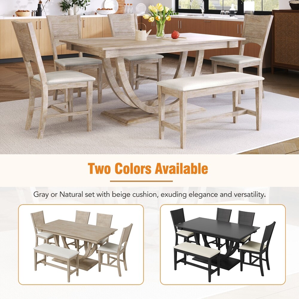 6 Piece Dining Table Set with Long Bench and 4 Upholstered Dining Chairs