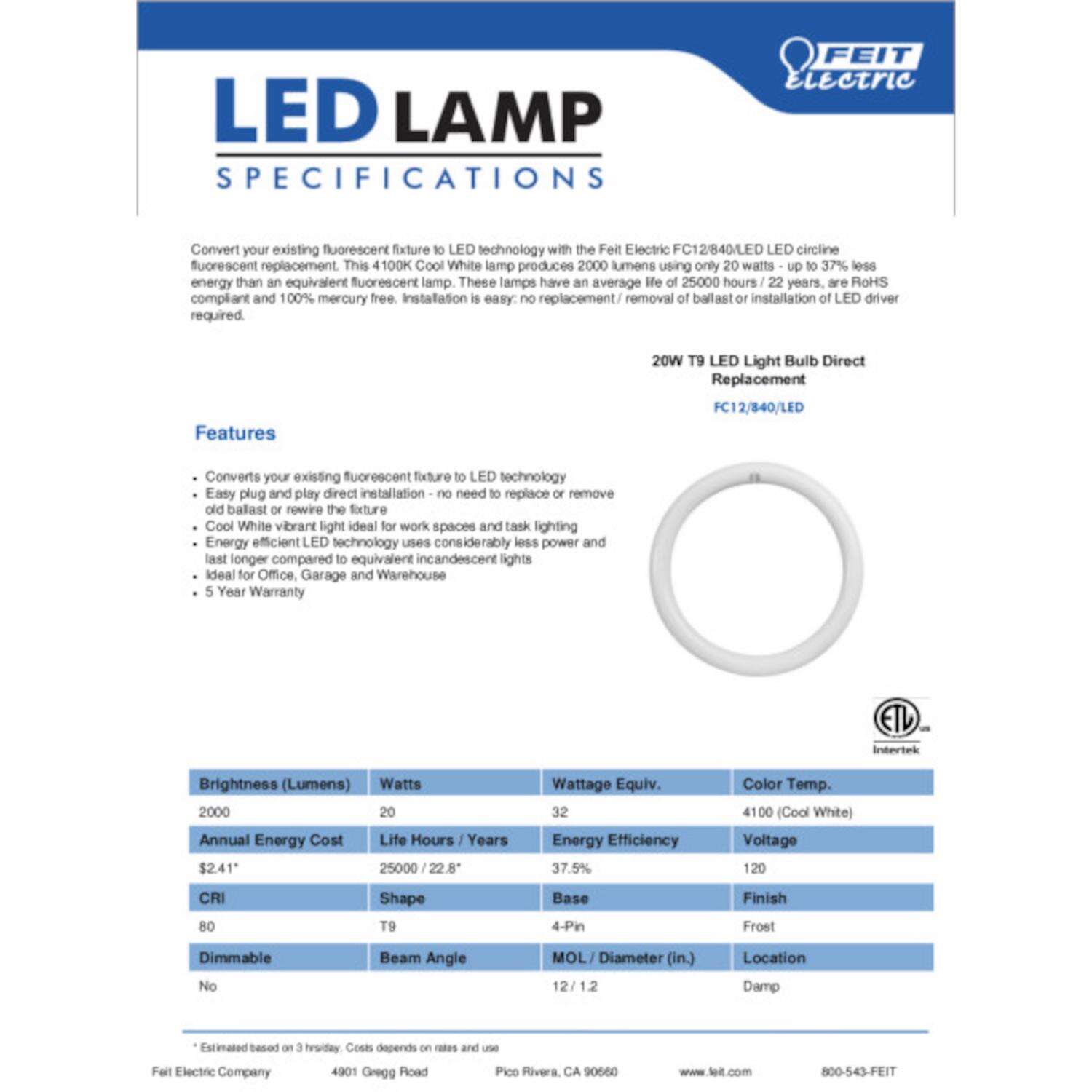 Feit Plug and Play T9 Cool White 12 in. G10Q Circular LED Bulb 32 Watt Equivalence 1 pk