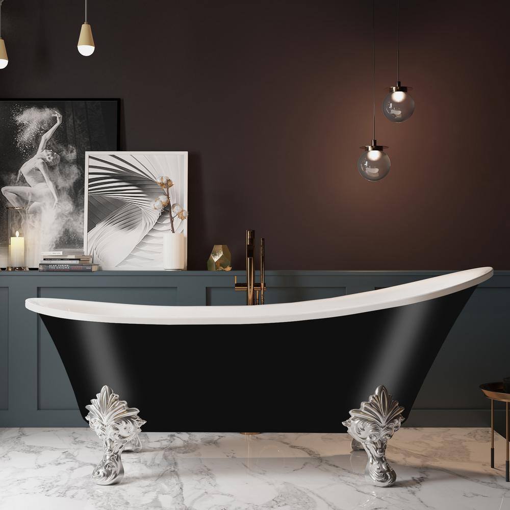 AKDY 60 in. Fiberglass Single Slipper Clawfoot Non-Whirlpool Bathtub in Glossy Black BT0159