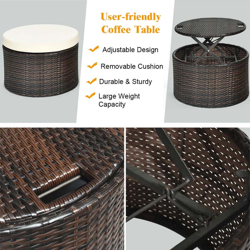 Rattan Wicker Patio Round Daybed with Retractable Canopy & Coffee Table, Outdoor Sectional Furniture Sofa Set