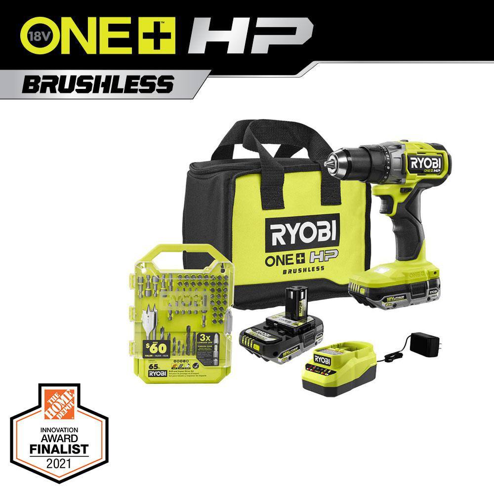 RYOBI ONE+ HP 18V Brushless Cordless 12 in. DrillDriver Kit w(2) Batteries Charger Bag  Drill and Drive Kit (65-Piece) PBLDD01K-A986501